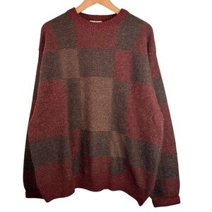 Viyella Wool Alpaca Blend Crew Neck Sweater Size Large Red Brown Geometric Check